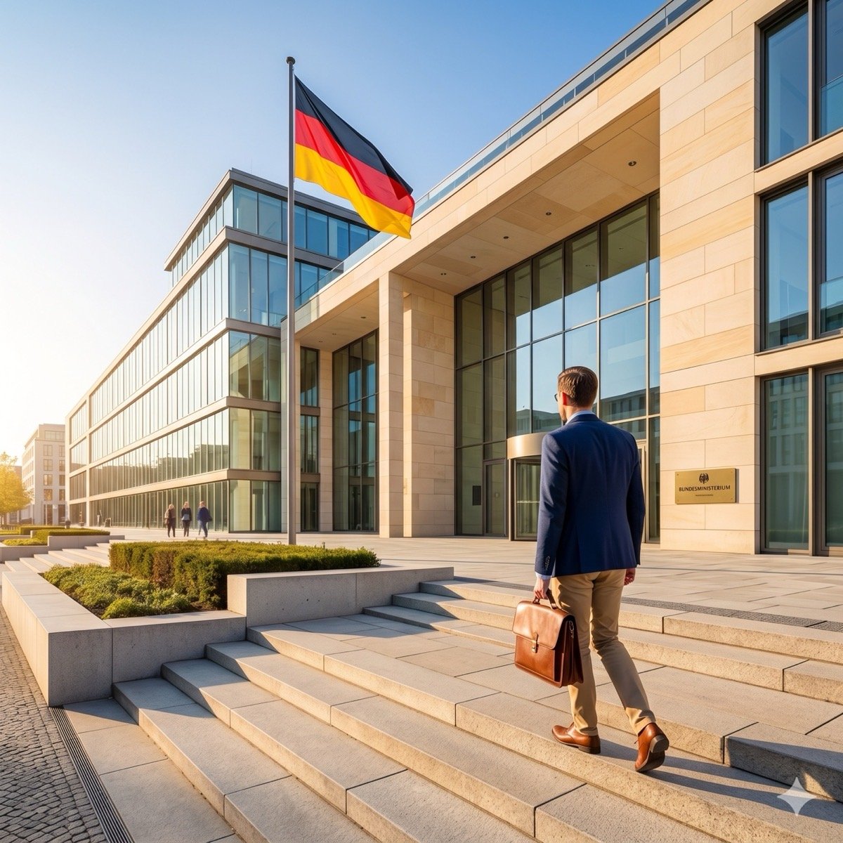 Beamter im öffentlichen Dienst vor modernem deutschem Amtsgebäude mit Deutschlandflagge – Beamtenkredit mit Sonderkonditionen bei HANSEKREDIT