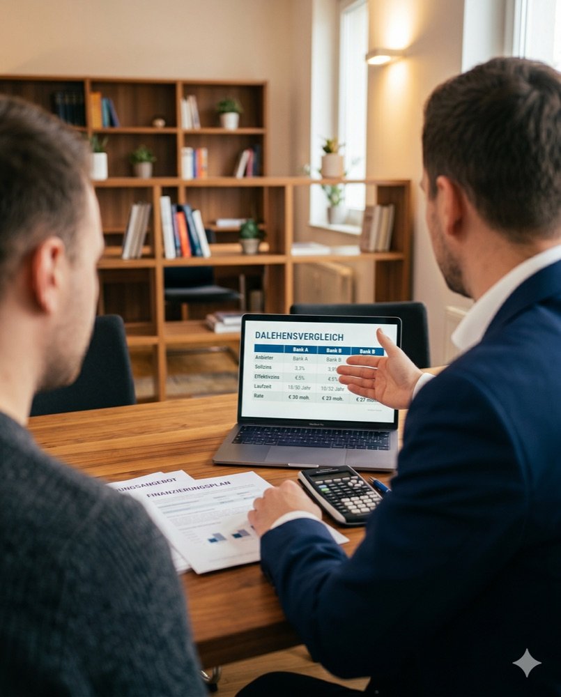 HANSEKREDIT Berater zeigt Beamten den Darlehensvergleich verschiedener Banken am Laptop – persönliche Kreditberatung für den öffentlichen Dienst