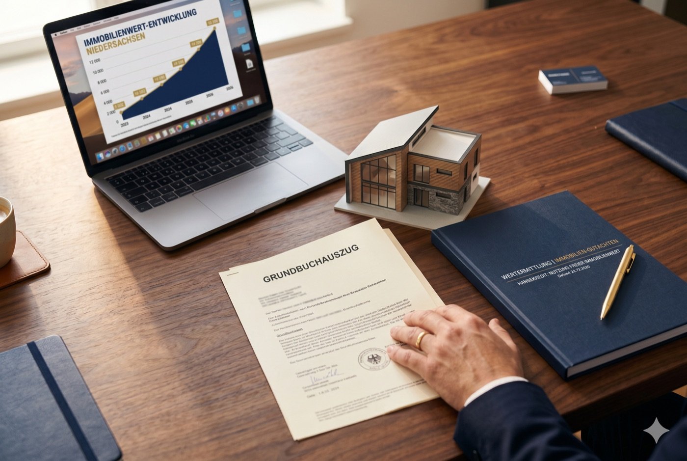 Grundbuchauszug und Immobilienwert-Gutachten neben Hausmodell auf Schreibtisch – Eigentümerkredit mit Immobilie als Sicherheit bei HANSEKREDIT