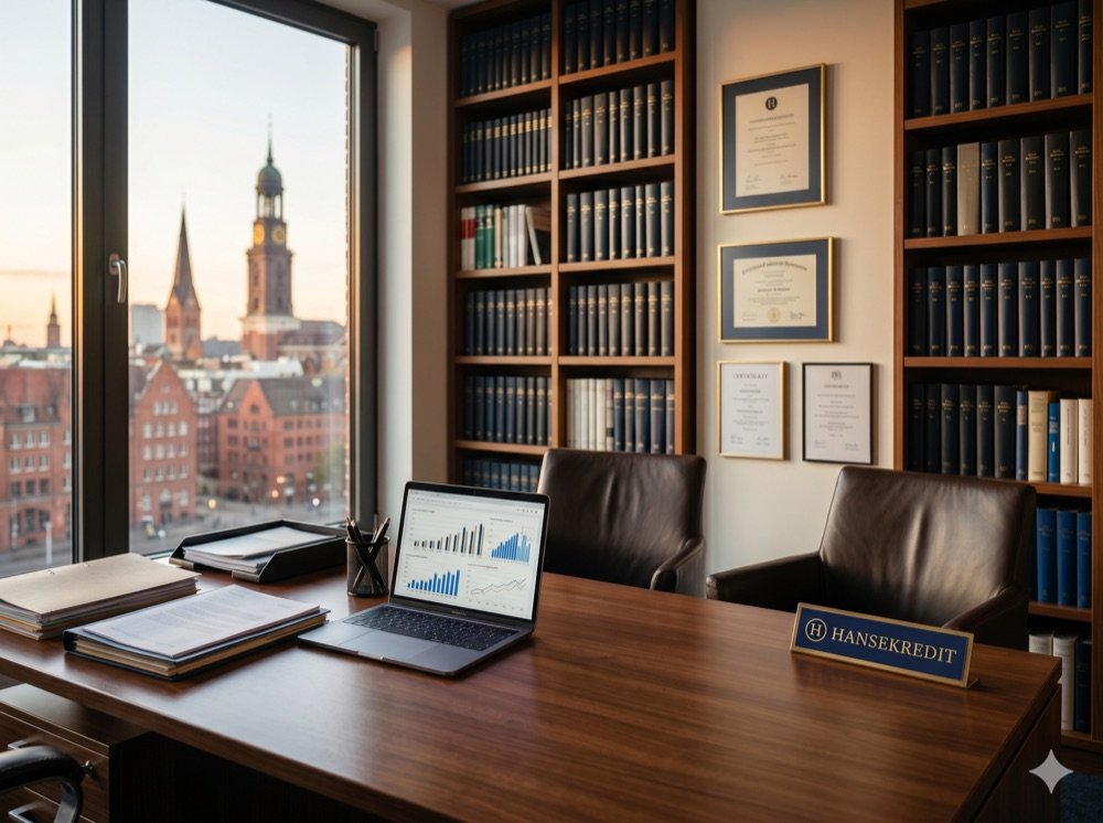 HANSEKREDIT Büro in Hamburg – Schreibtisch mit Finanzanalysen, Zertifikaten und Blick auf die Hamburger Altstadt mit Kirchturm