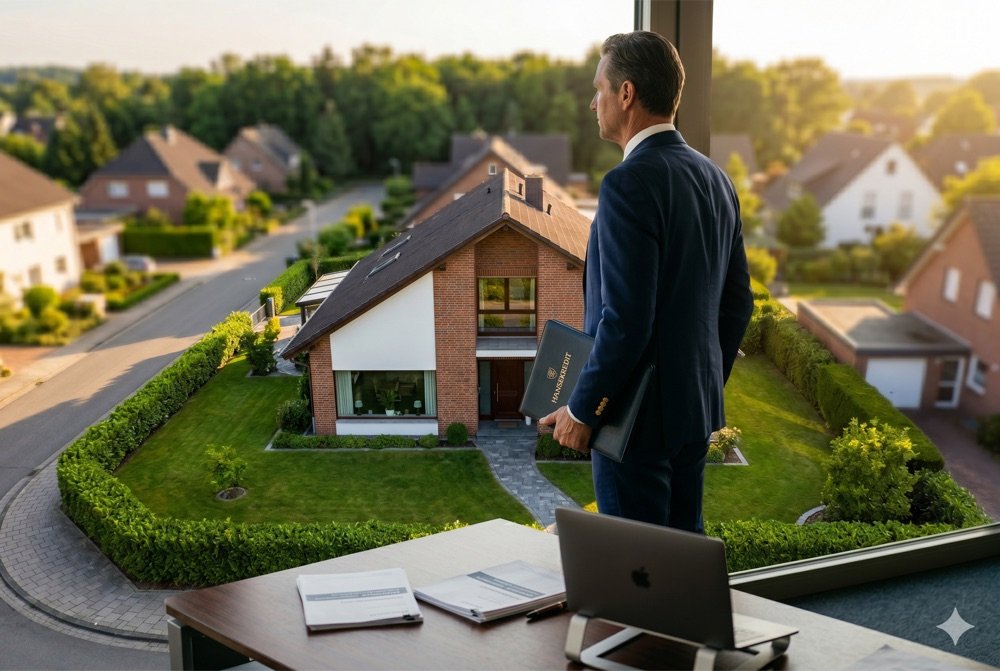 HANSEKREDIT Finanzberater mit Unterlagen blickt auf deutsche Wohnsiedlung – unabhängige Immobilienberatung seit 1997