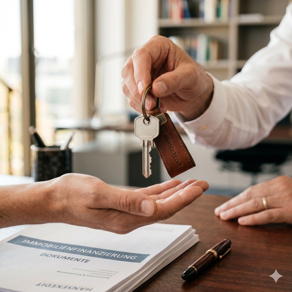 Schlüsselübergabe nach erfolgreicher Immobilienfinanzierung – HANSEKREDIT Dokumente zur Baufinanzierung auf dem Schreibtisch