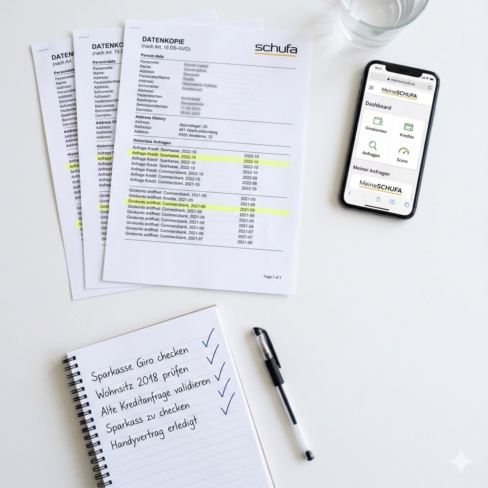 Schufa-Datenkopie nach Art. 15 DS-GVO mit markierten Einträgen, MeineSchufa-App auf Smartphone und Checkliste – Schufa-Selbstauskunft prüfen