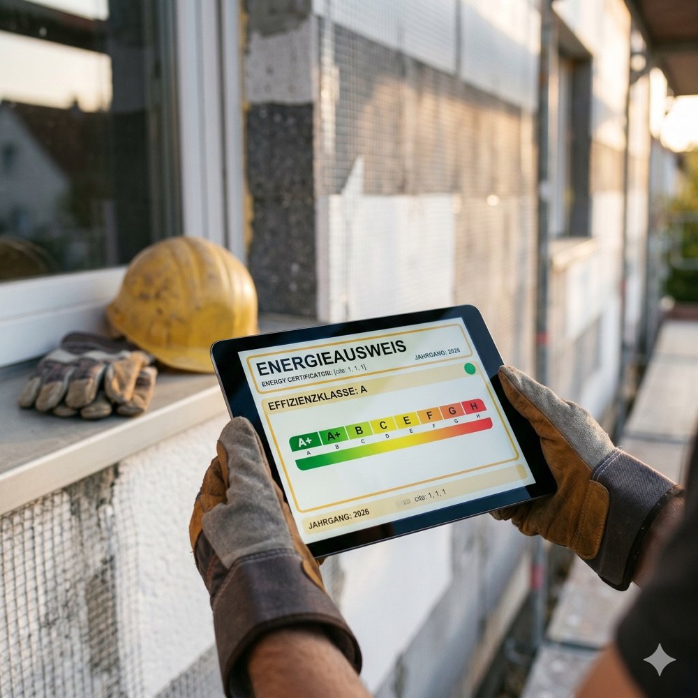 Energieausweis Effizienzklasse A auf Tablet an Baustelle mit Schutzhelm – energetische Sanierung mit Modernisierungskredit finanzieren