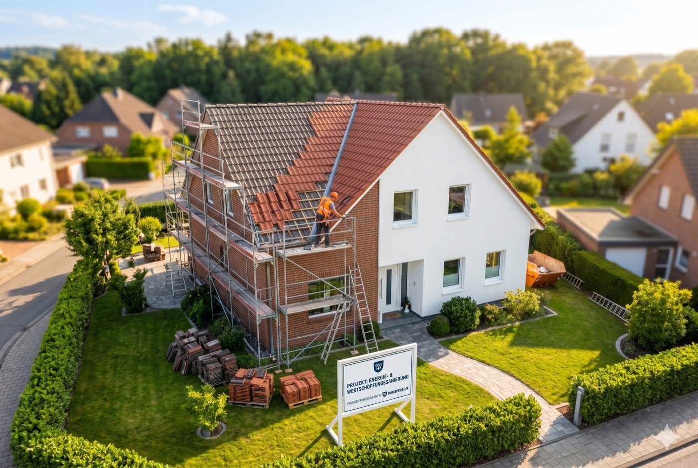 Einfamilienhaus mit Baugerüst während Dachsanierung in deutscher Wohnsiedlung – Modernisierungskredit mit HANSEKREDIT finanzieren
