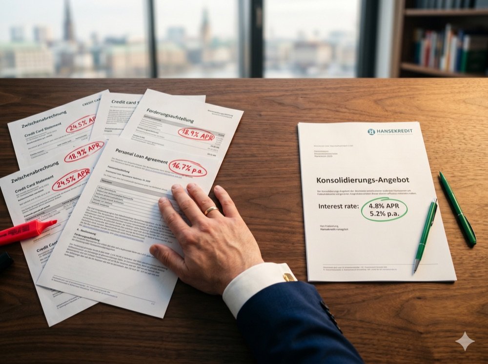 Umschuldung vorher-nachher – teure Einzelkredite mit hohen Zinsen werden zu einem günstigen HANSEKREDIT Konsolidierungs-Angebot zusammengefasst